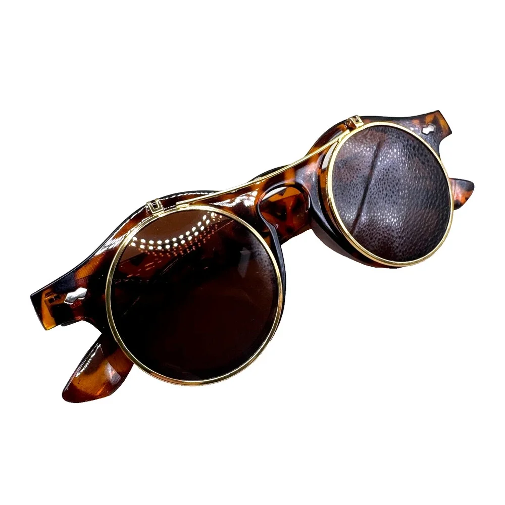 Music Festival Fashion Sunglasses Round Lenses Flip-Up Unisex - Tortoise